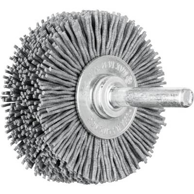 A metal circular brush with densely packed bristles, mounted on an axle, for cleaning or polishing work.