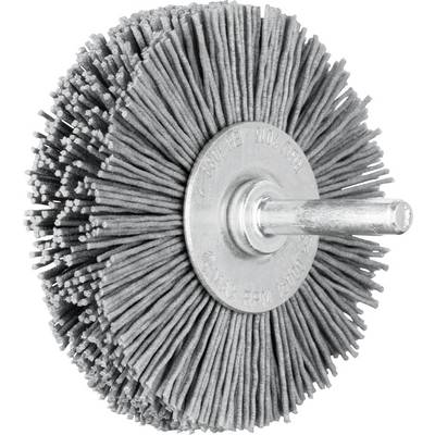A round wire brush with a metallic bristle ring and handle, used for surface cleaning or polishing.