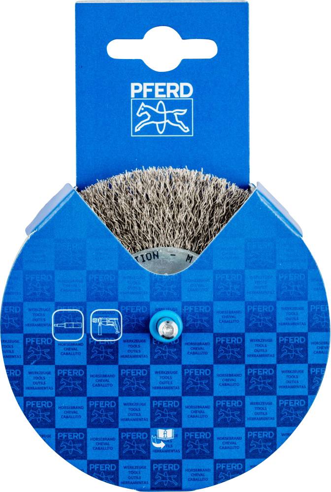 Round wire brush packed and marked with 'Pferd', against a blue background, for metallic surface treatment.