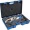 'Open blue hard-shell case with correctly positioned power tools and accessories, embedded in protective foam.'