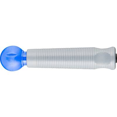 A blue hand air pump with a ribbed handle, used for inflating balls and other air-related items.