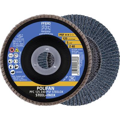 'Polifan Grinding Disc, Type PSF, 125 mm diameter, made of steel and stainless steel. Suitable for metal grinding. Compliant with ANSI B7.1 and OSHA standards.'