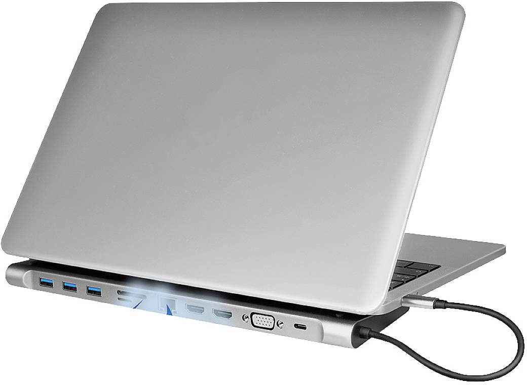 A laptop with multiple different ports on the left side, connected with a cable on the right side.