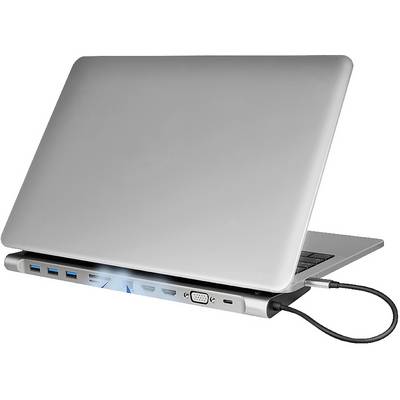 A laptop with multiple different ports on the left side, connected with a cable on the right side.