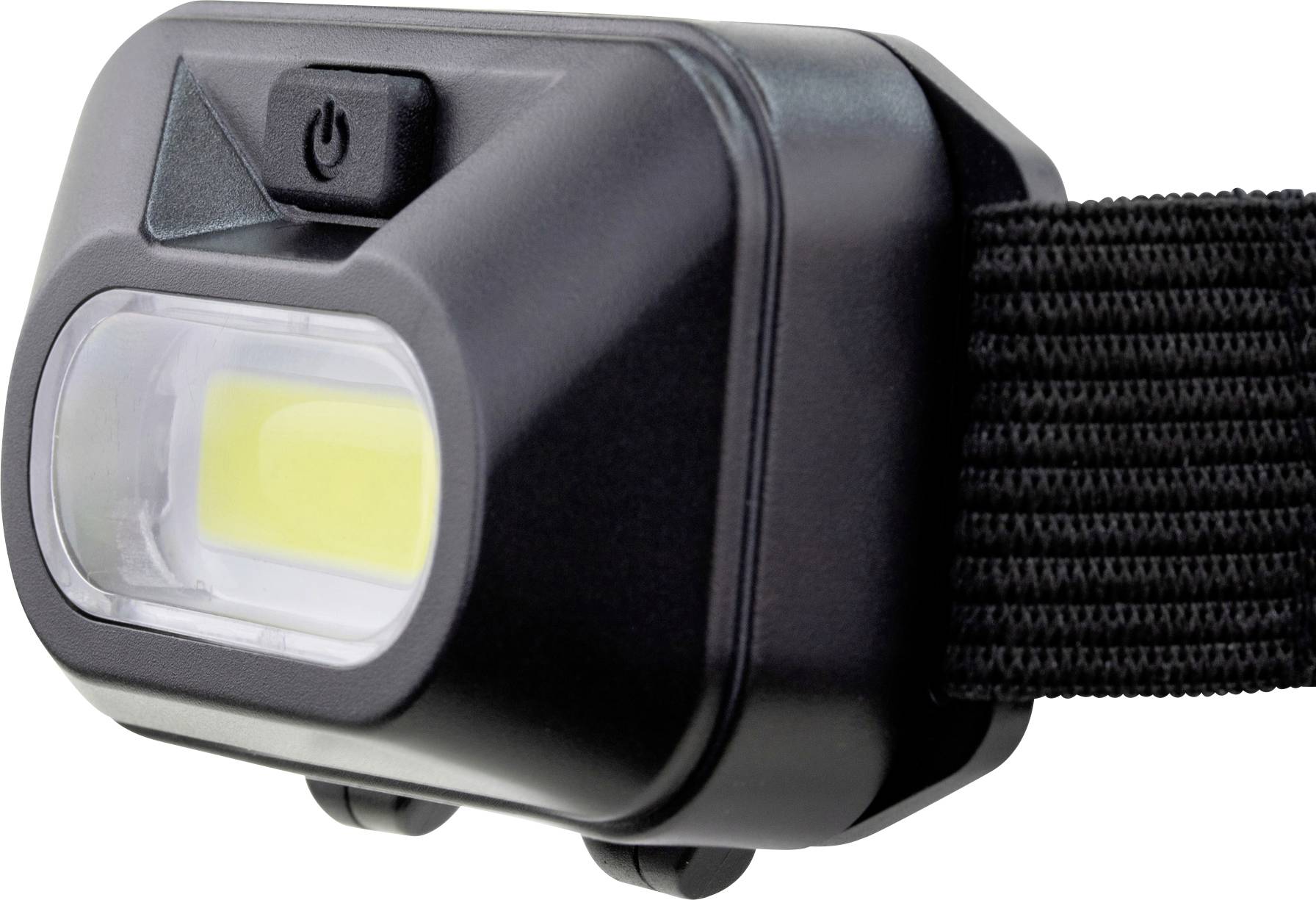 Black head torch with yellow light bar, black adjustable strap and power button on the top surface.
