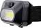 Black head torch with yellow light bar, black adjustable strap and power button on the top surface.