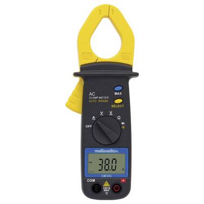 Digital clamp meter with yellow clamps and blue display, showing '38.0 A'. Suitable for AC current measurements.