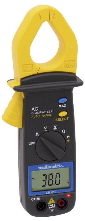 Digital clamp multimeter in black with a yellow clamp and blue display. Displays '38.0'. Suitable for measuring alternating current.