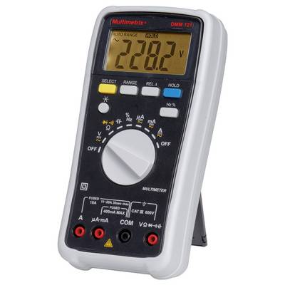 Digital multimeter with display, showing 220.2 V. Various function buttons and measurement range options on the front panel.