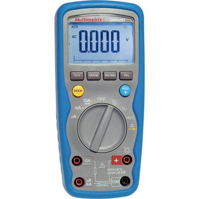 A digital multimeter, Model Multimetrix DMM210, displays 0.000 volts. Functions for voltage, current, resistance and more.