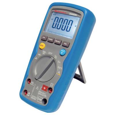 A blue digital multimeter with a stand shows '0.000 V' on the display. Various measurement ranges and sockets are visible.