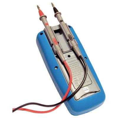 A blue multimeter back panel with two test probes, one red and one black, securely fastened in their holders.