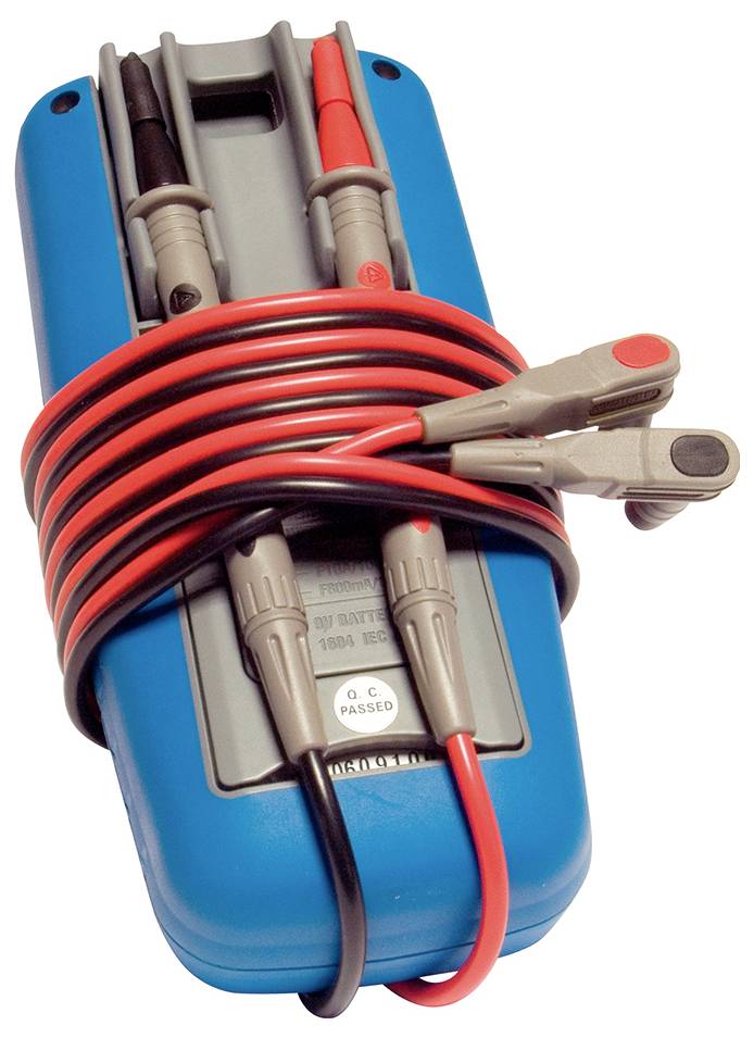 A blue multimeter with red and black test leads wound around the device.