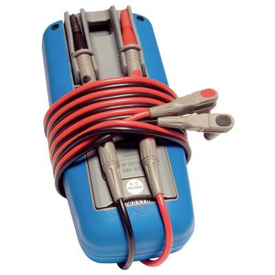 A blue multimeter with red and black test leads wound around the device.