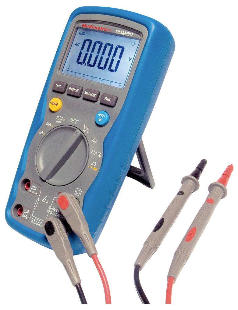 Digital multimeter with a blue border, displaying '0.000 V' on the screen. Red and black test leads are connected.