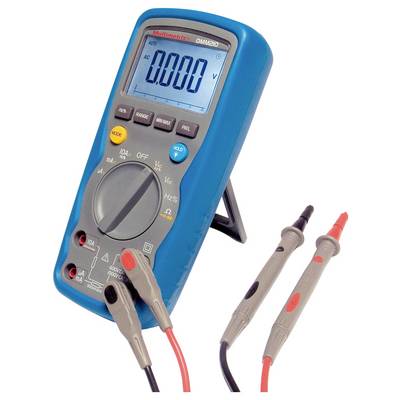 Digital multimeter with a blue border, displaying '0.000 V' on the screen. Red and black test leads are connected.