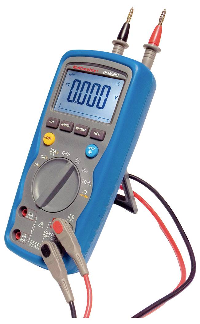 A digital multimeter displays '0.000 V' on its screen. Two measurement leads in red and black are ready.