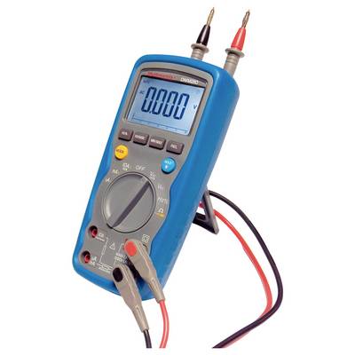 A digital multimeter displays '0.000 V' on its screen. Two measurement leads in red and black are ready.