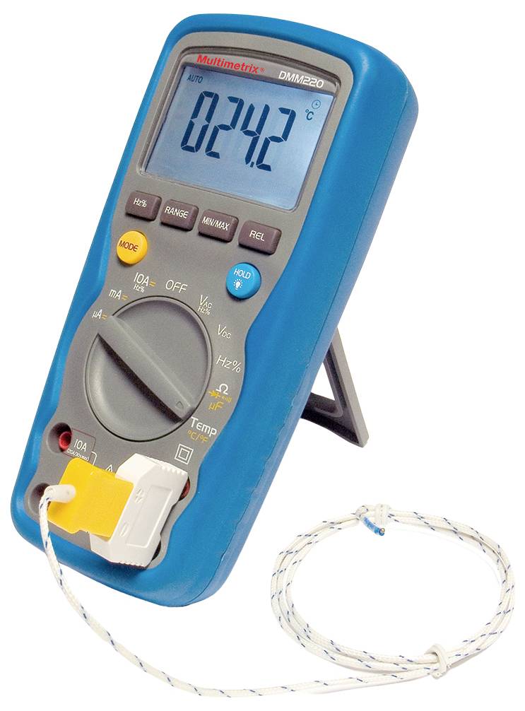 A blue digital multimeter displays '0.24' on the screen. A yellow thermocouple is connected.