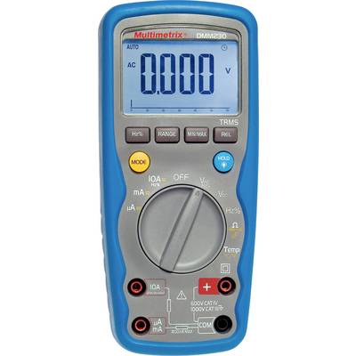 Digital multimeter with a blue casing, displaying '0.000 V' on the screen. Switches for various measurement functions visible.