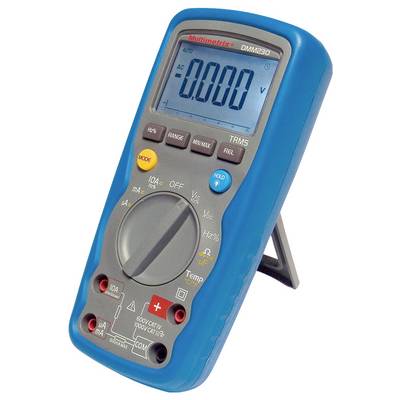 Digital multimeter in a blue case with display showing '0.000 V' and multiple measurement function buttons; standing slightly tilted.