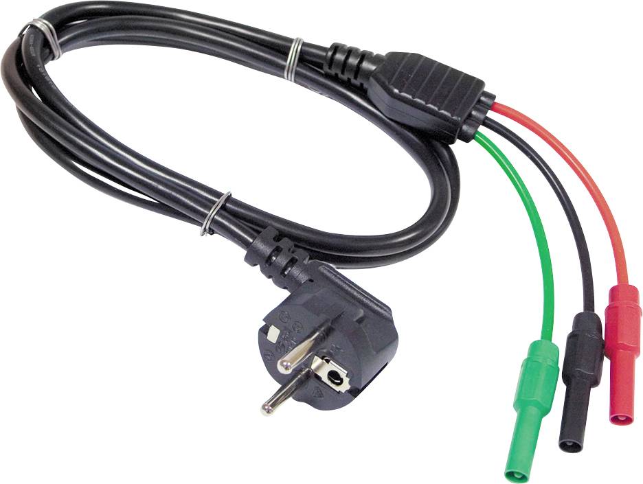 A black network cable with a Schuko plug on one side and three coloured connectors (red, green, black) on the other side.