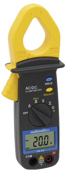 Digital clamp meter showing a measurement of 20 amperes. Device has a yellow clamp and black casing.