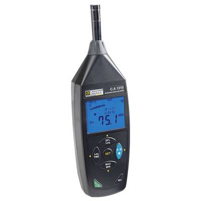 A sound level meter with a digital display shows 75.1 dBA. Adjustment buttons and a microphone are visible.