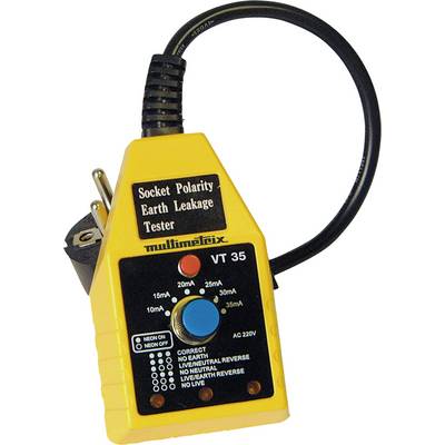A yellow device for testing earth polarity with multiple buttons and a cable. Brand name 'Multimatrix VT 35'.