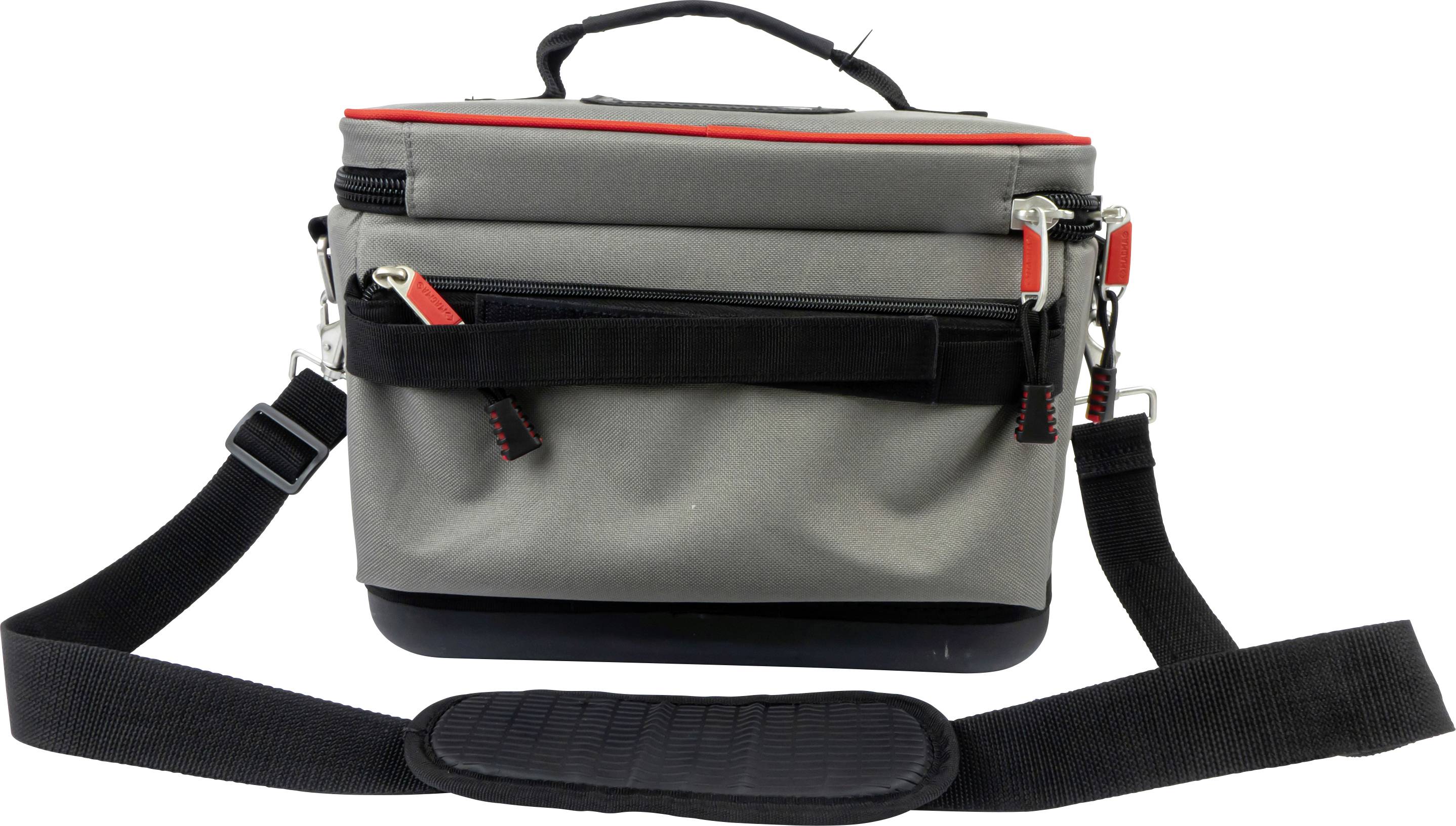A grey messenger bag with a black shoulder strap and red details. It has a zip and a carry handle at the top.