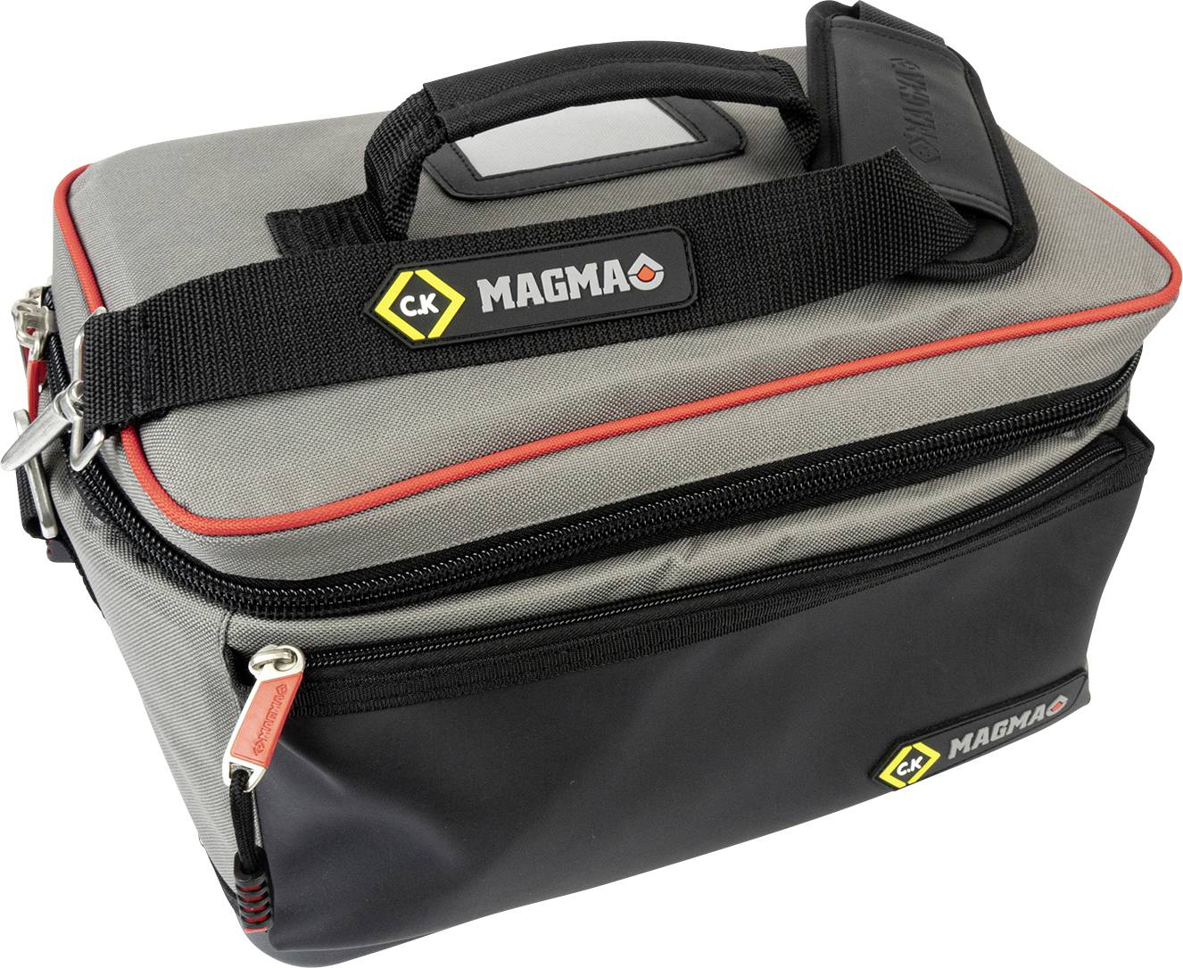Grey and black tool bag with red trim, carrying handle and zip. 'CK Magma' brand visible on the front.
