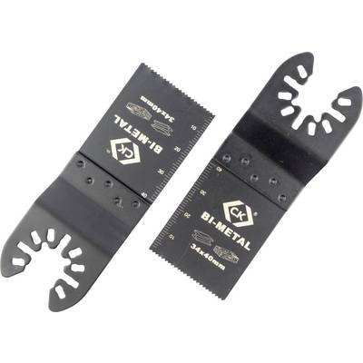 Two black BIMETAL saw blades, 34x40mm, with teeth and marked edges. Designed for precise cutting of metal and wood.