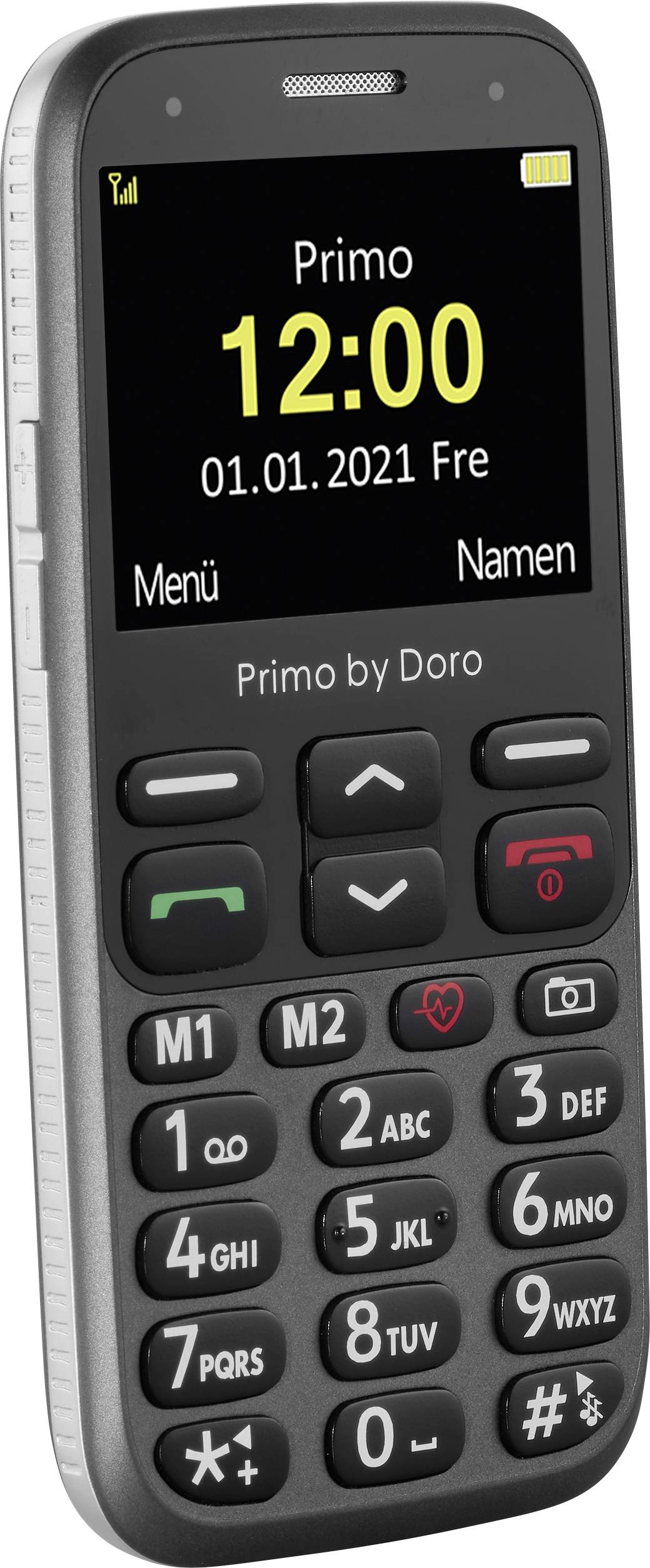 Mobile phone with a large screen and buttons. On the display it reads 'Primo 12:00 01.01.2021 Fri'. The keypad has numbers and speed dial buttons.