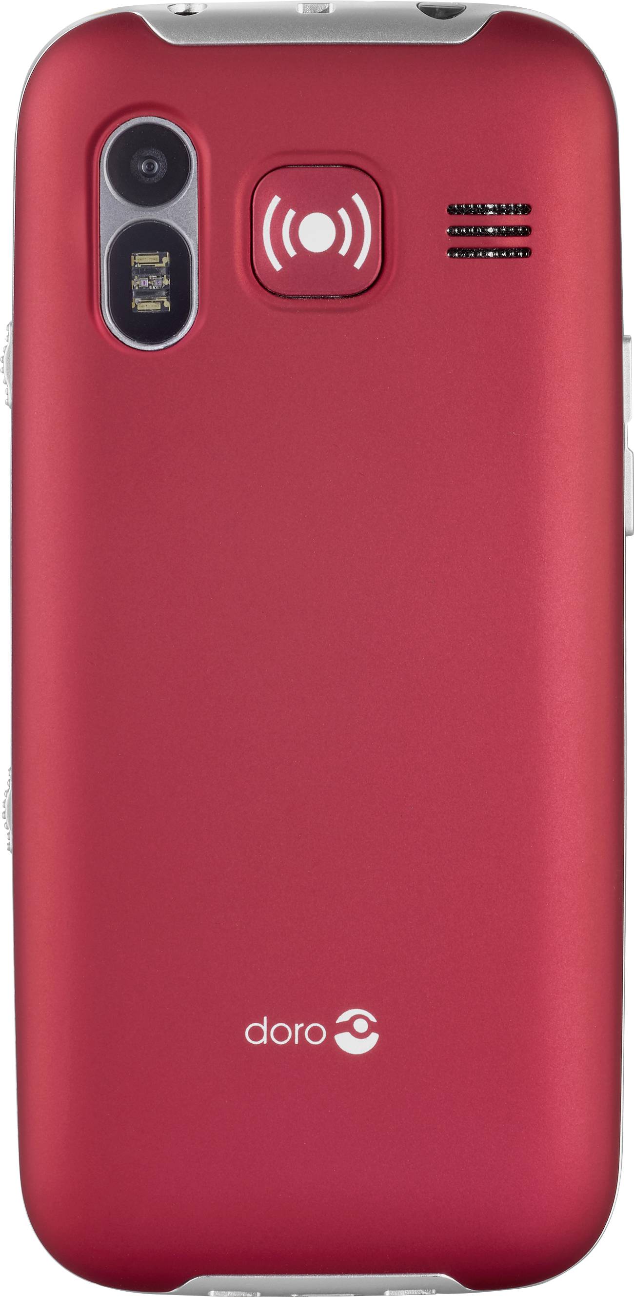 Back of a red mobile phone with camera, speaker, and SOS button.