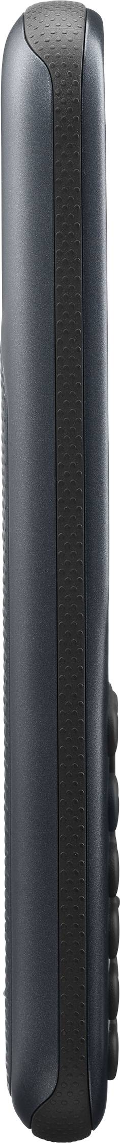'Side view of a black walkie-talkie with rounded edges and multiple buttons on the side.'