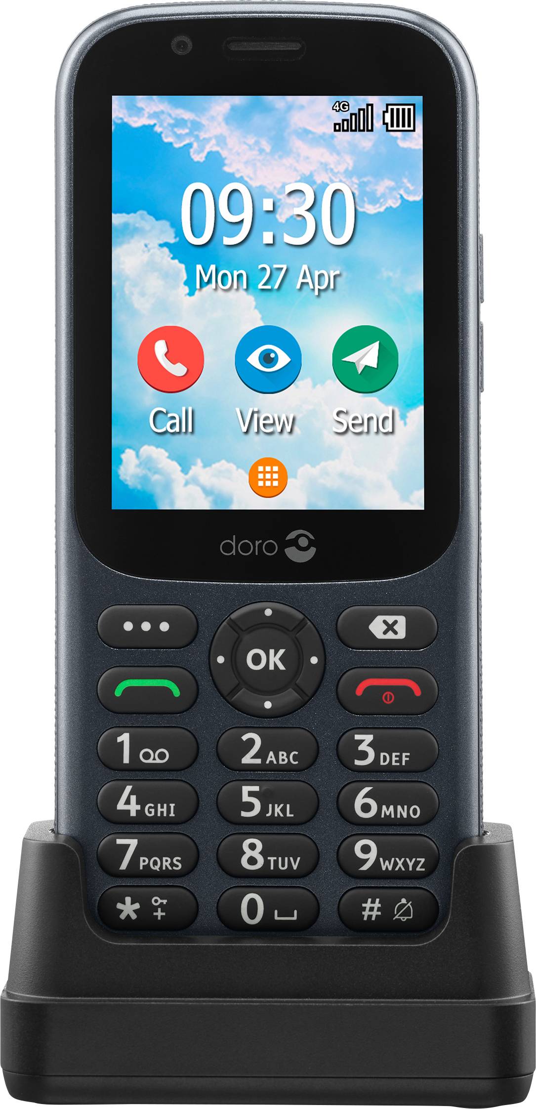 A simple mobile phone with large buttons and a colour display showing the time 09:30 and the date Monday, 27 April.