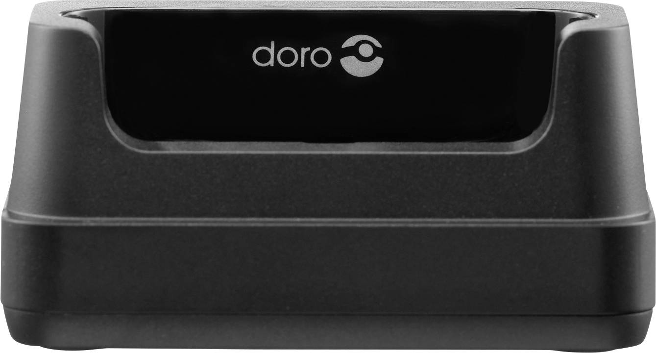 Black charging station by the brand 'doro', suitable for a mobile phone or another electronic device.