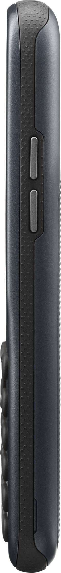 Side view of a mobile telephone with a black casing and two visible buttons on the side.