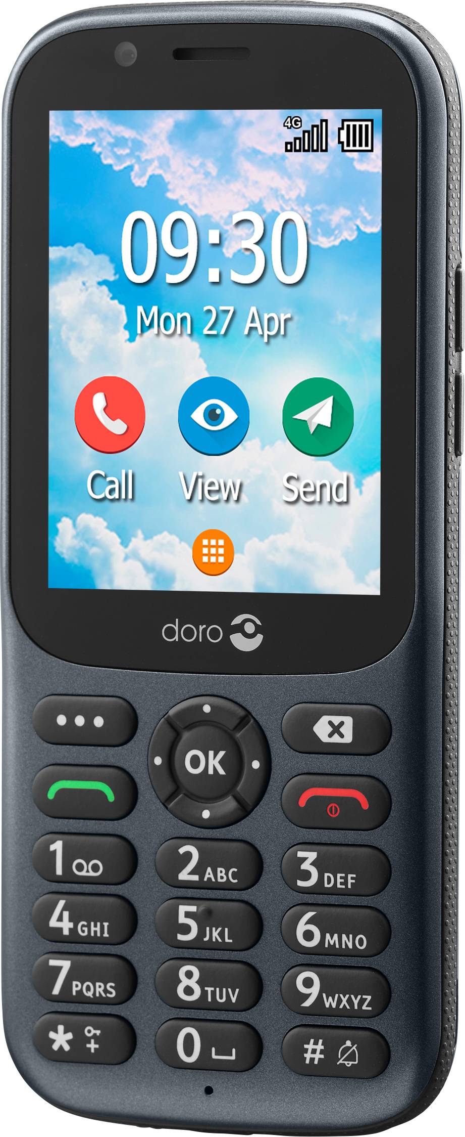 A simple mobile phone with a large screen, displaying time '09:30' and date. Buttons with icons for call, view, and send.