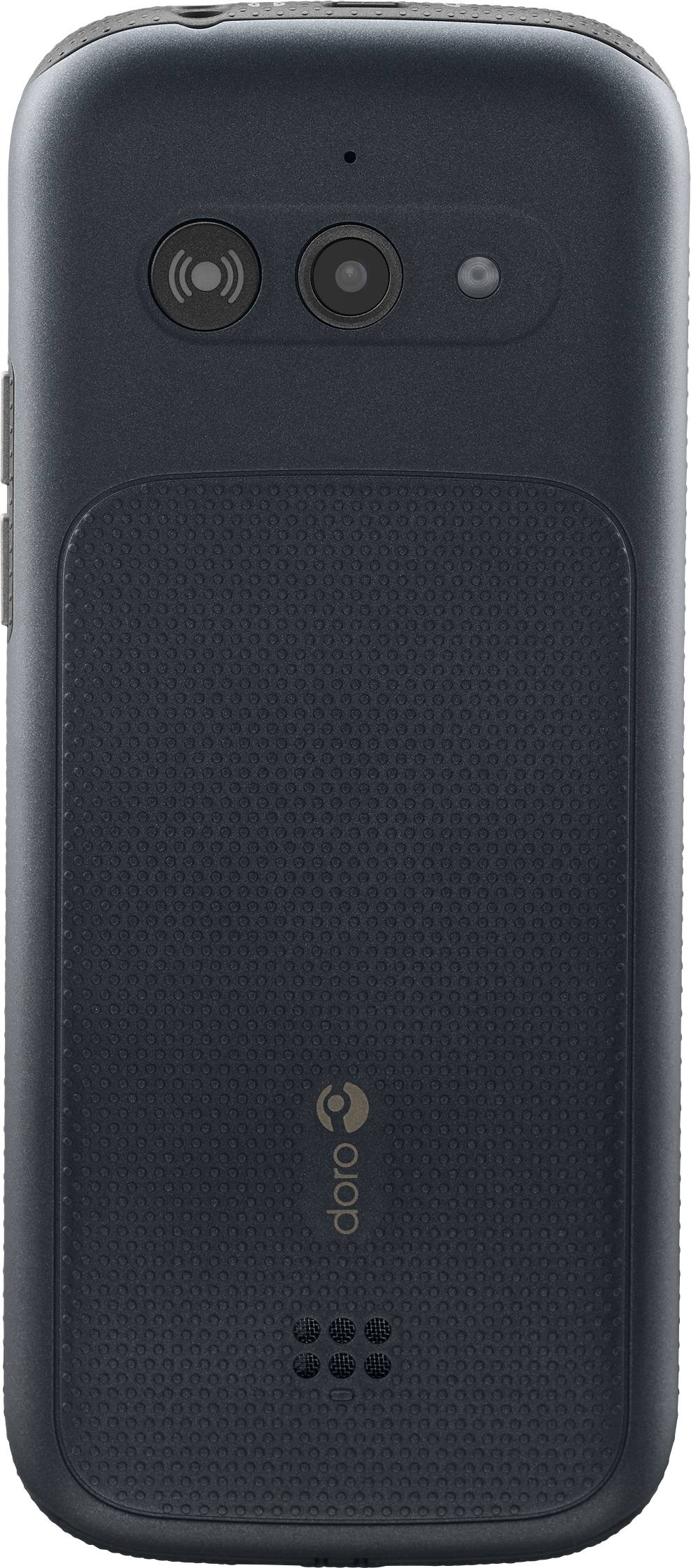 Mobile flip phone in dark blue, rear view showing camera and speaker. Brand logo visible at the bottom.