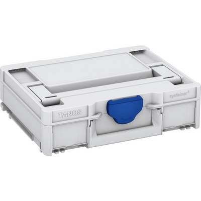 A white plastic carrying case with a blue latch, labeled 'TANOS' and 'systainer', used for organizing and transporting tools or equipment.