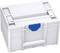 A white plastic toolbox with a blue handle, suitable for storing and transporting tools and accessories.