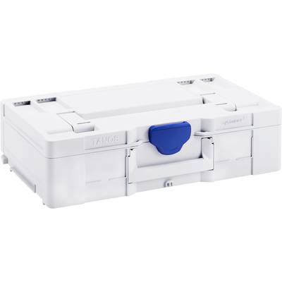 A white plastic case with a blue fastener, suitable for securely storing and transporting tools or materials.