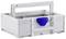 Grey storage case with carry handle and blue fastening, suitable for tools or small parts.