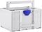 Grey plastic storage box with blue lid and carry handle. Perfect for transporting and storing tools and small parts.