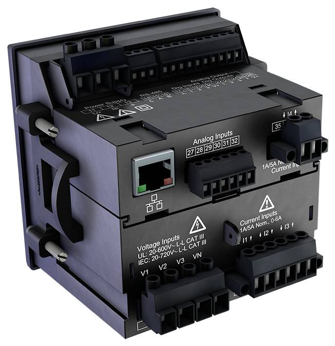 Electronic component with multiple terminal blocks and markings for voltage and current measurement. Suitable for industrial applications.
