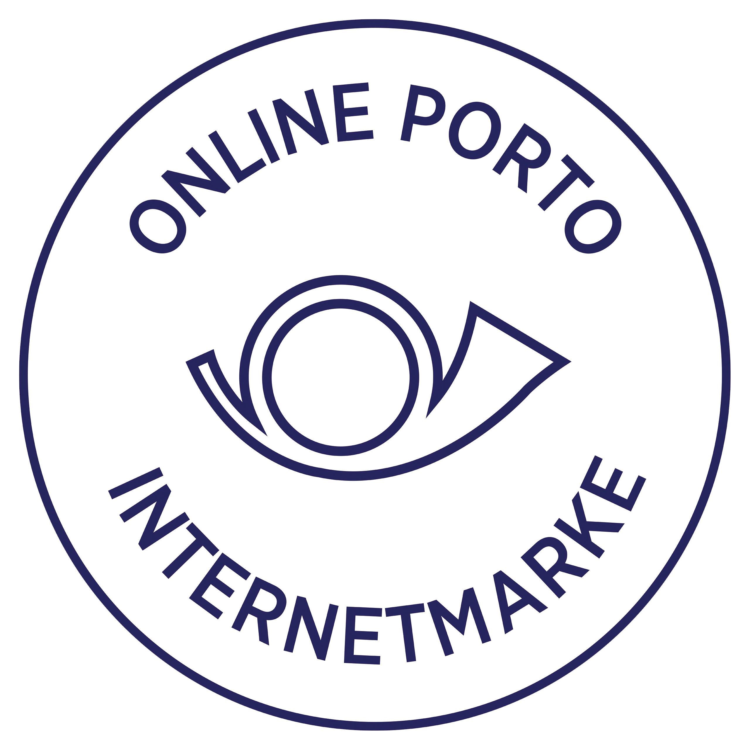 The image shows the Deutsche Post logo with the words 'Online Porto Internet Stamp' in a circular design.