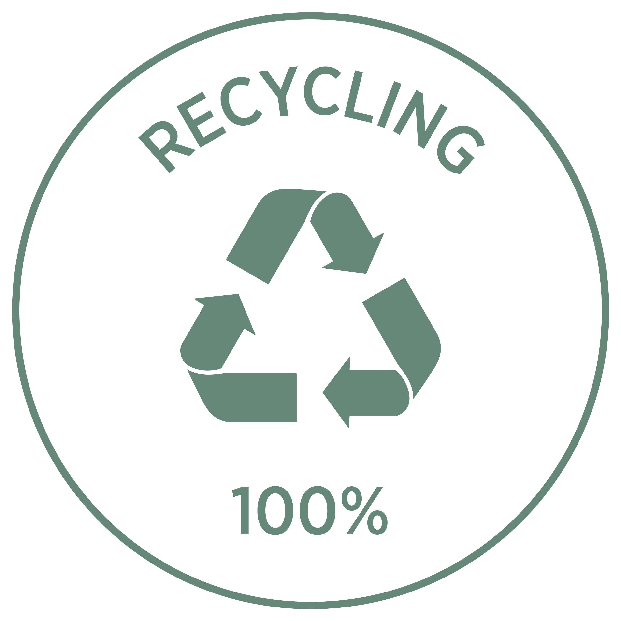 Green recycling symbol in a circle with the text 'RECYCLING' at the top and '100%' at the bottom.
