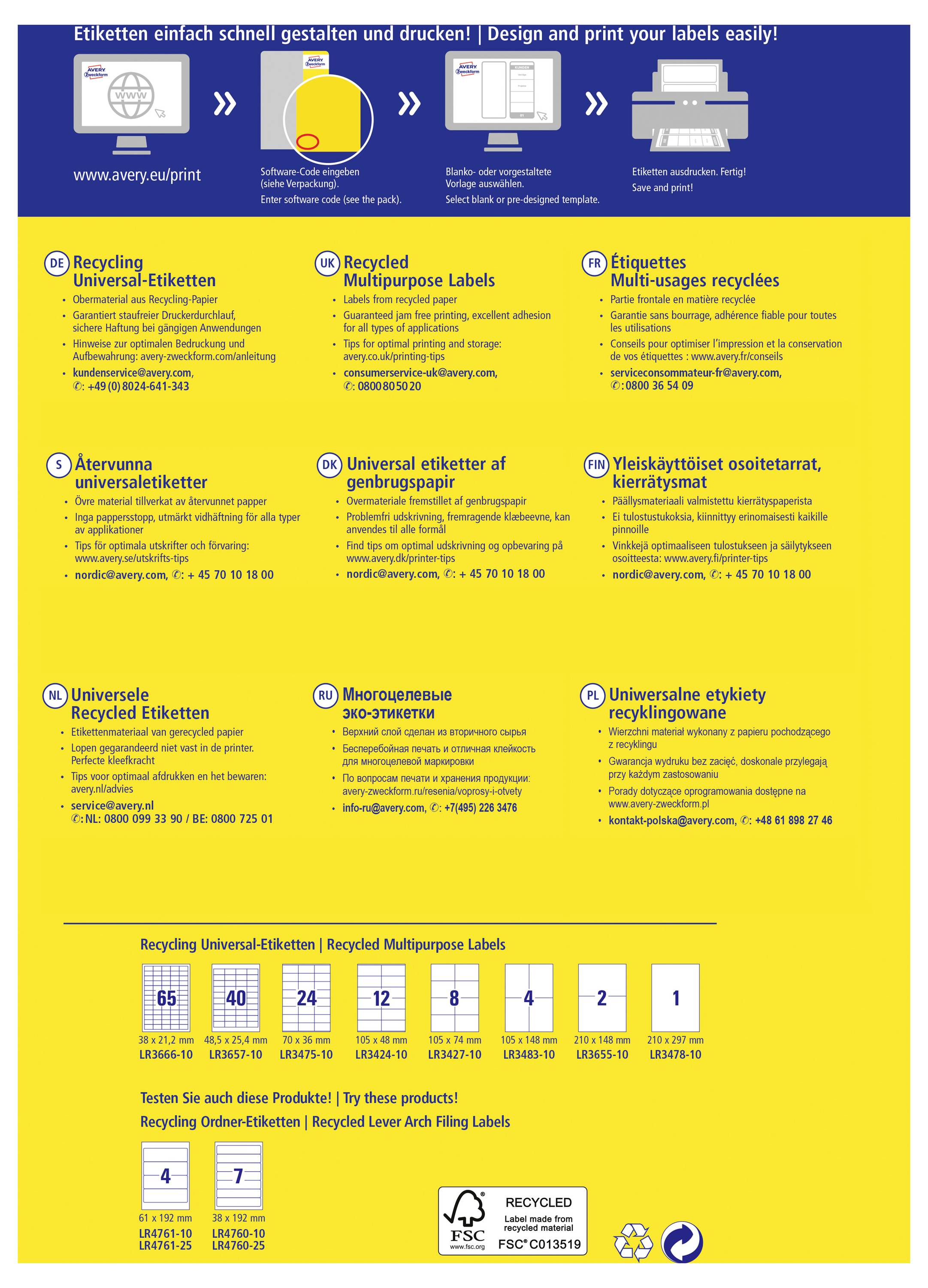 Yellow Avery label flyer promoting recycled, multipurpose, and shipping labels in multiple languages, with product size charts and recycling symbols.