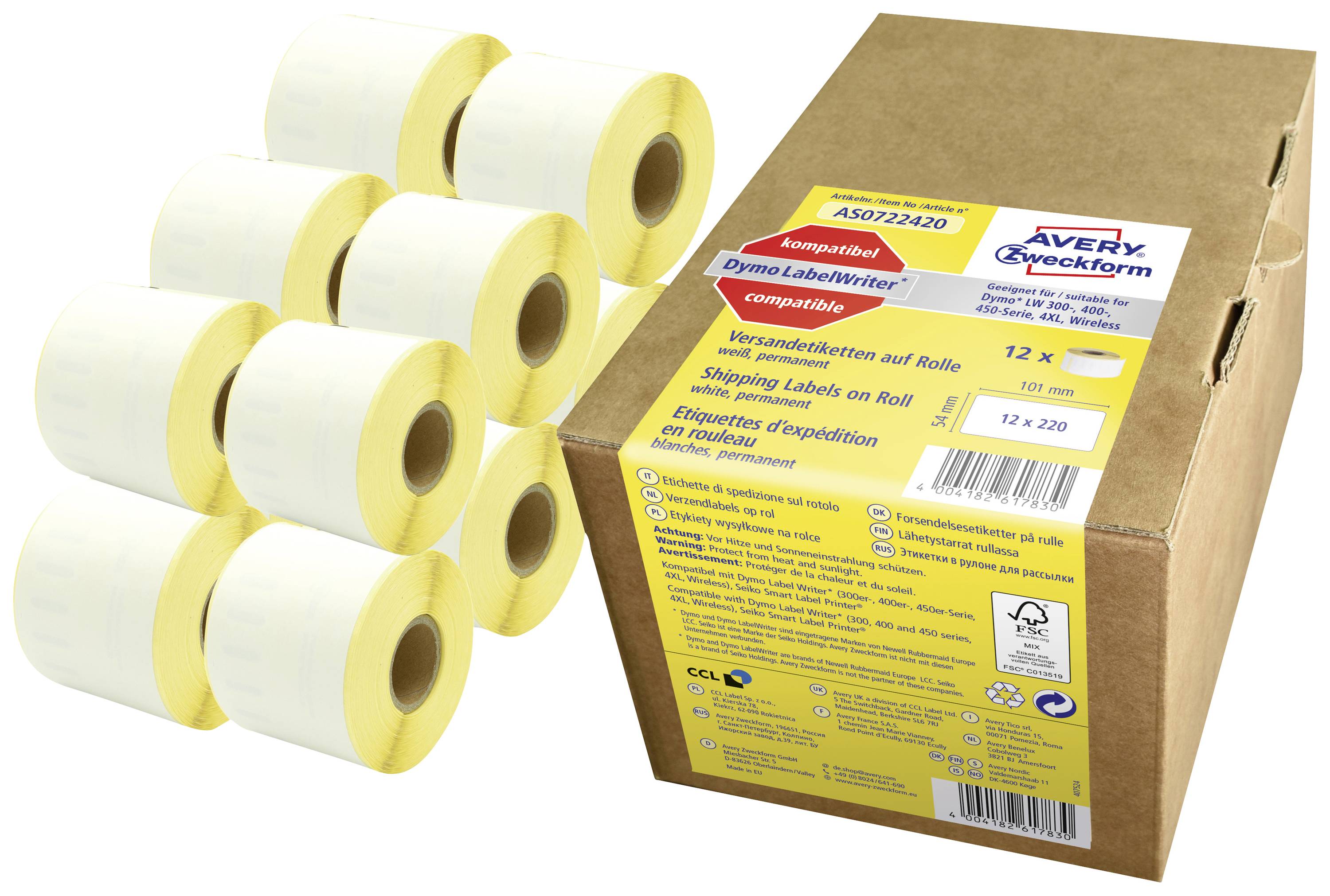 Cardboard box with shipping labels on rolls. Product name: 'Avery Zweckform', 12 rolls, compatible with Dymo LabelWriter.